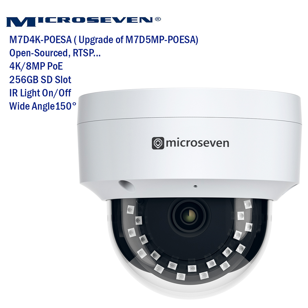 Microseven M7 Wired POE Security Dome Camera, Vandalproof 4K/8MP (3840x2160p), Wide Angle, Smart Motion Detection, Outdoor & Indoor (IP 66), IR Switch in FW Night Vision, Audio, Open Source Remote Managed, FTP, ON-VIF, Web GUI & Apps, CMS, M7RSS, Cloud Storage, Broadcasting avail on YouTube, Meta and Microseven