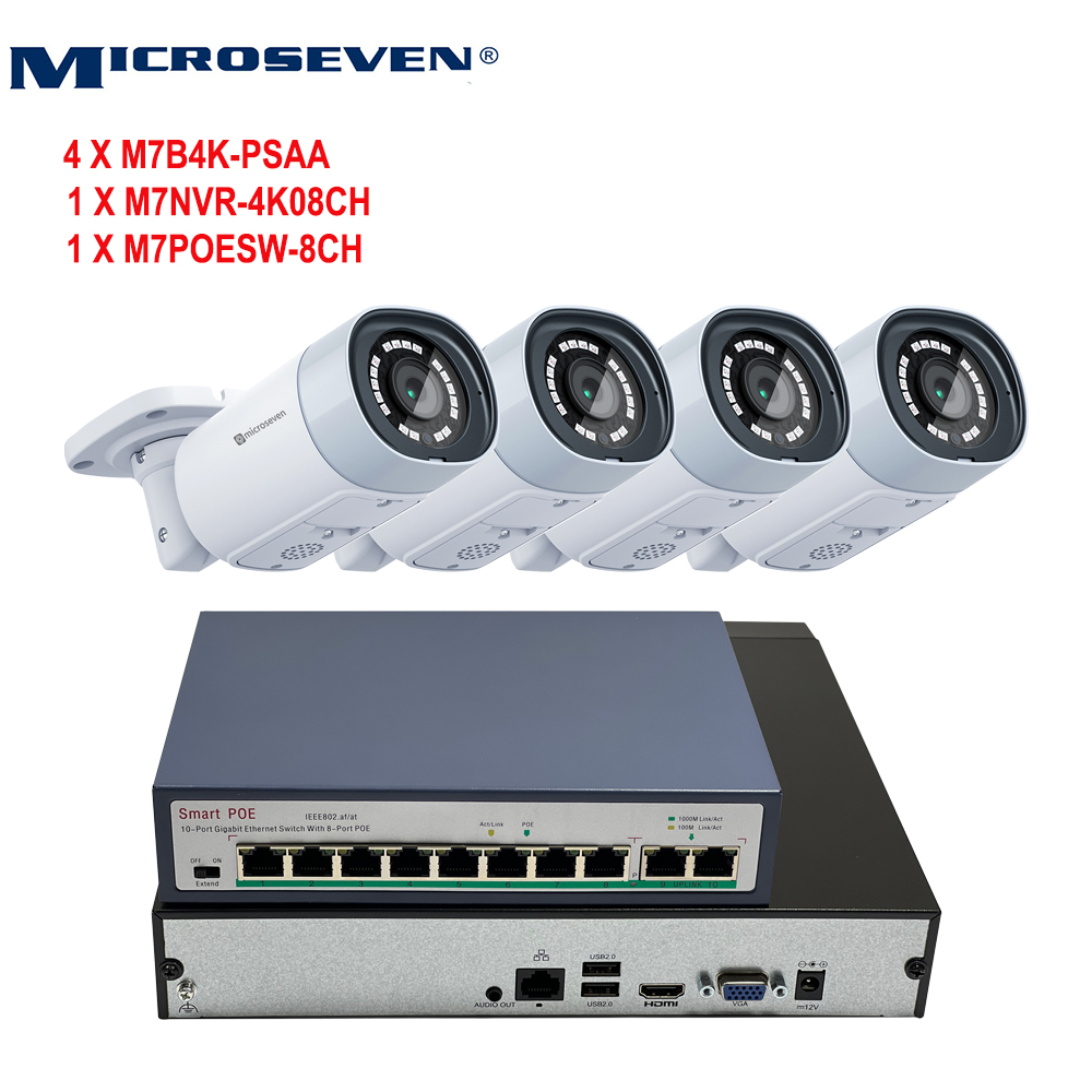 MICROSEVEN 8MP 8CH PoE Home Security Camera System with Audio & Works with  Alexa for 24x7 Recording,(4) Outdoor 4K/8MP Bullet PoE IP Cameras, 100ft IR Night, 8 Channel 8MP NVR, M7 POE Switch ( 8 POE Ports+2 Uplink), Support Upto 10TB HDD