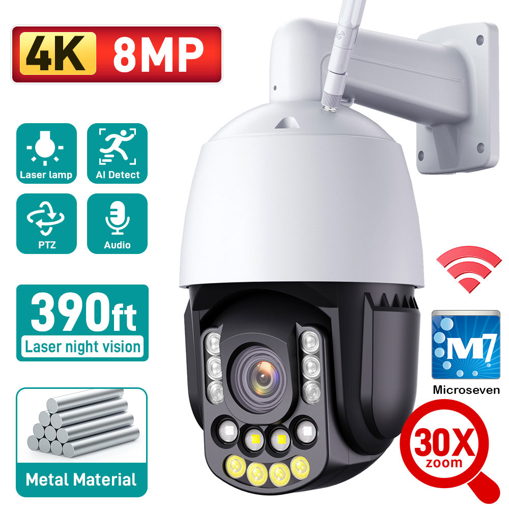 Microseven Professional Open Source, Remote Managed, 4K/8MP (3840X2160) UltraHD PoE+, Wi-Fi, 30X Optical Zoom Pan Tilt Speed Dome IP Camera, Smart Motion Detection & Auto Tracking, Indoor / Outdoor PTZ Camera, Spotlights Smart Color Night Vision 256GB SD Slot,Day & Night, Sony Starvis CMOS, IP66 Weatherproof, Two-Way Audio, Auto Cruise, ONVIF, Web GUI & Apps, CMS (Camera Management System), Cloud Storage + Broadcasting on YouTube and Microseven AI CV