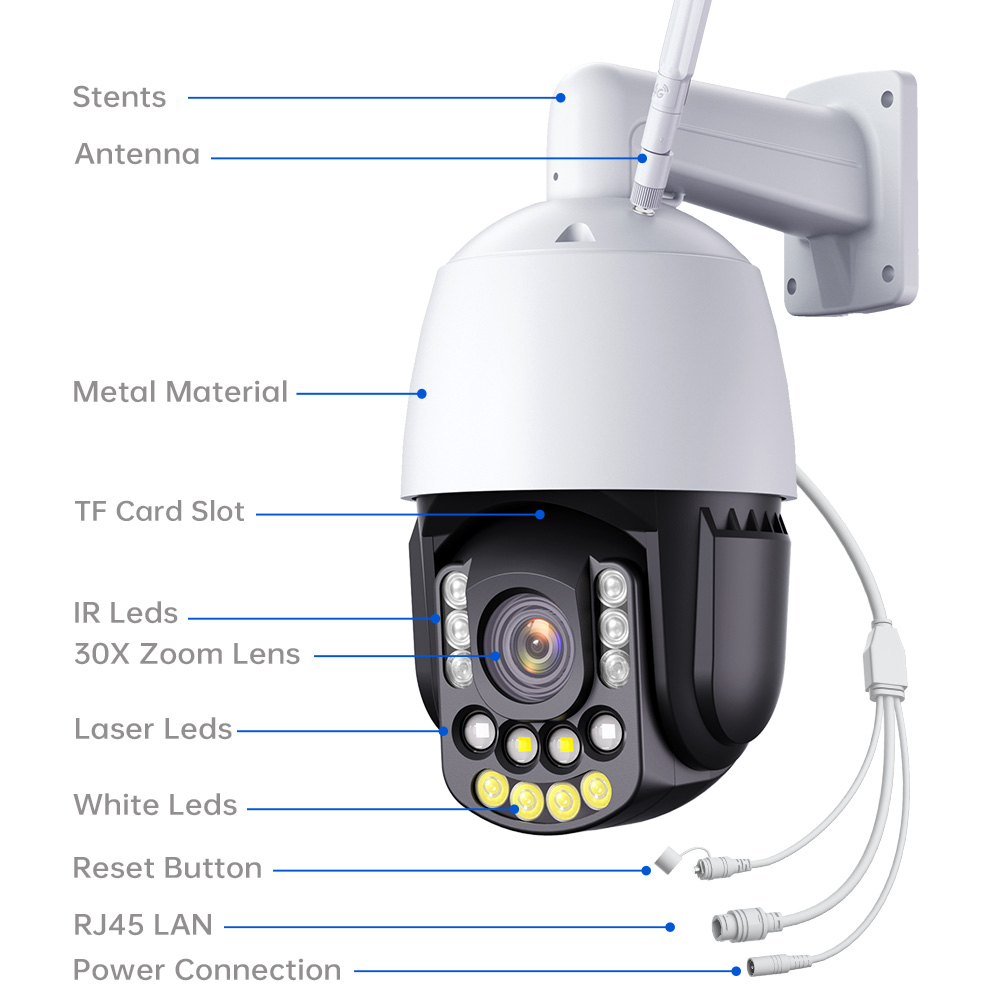 Microseven Professional Open Source, Remote Managed, 4K/8MP (3840X2160) UltraHD PoE+, Wi-Fi, 30X Optical Zoom Pan Tilt Speed Dome IP Camera, Smart Motion Detection & Auto Tracking, Indoor / Outdoor PTZ Camera, Spotlights Smart Color Night Vision 256GB SD Slot,Day & Night, Sony Starvis CMOS, IP66 Weatherproof, Two-Way Audio, Auto Cruise, ONVIF, Web GUI & Apps, CMS (Camera Management System), Cloud Storage + Broadcasting on YouTube and Microseven AI CV